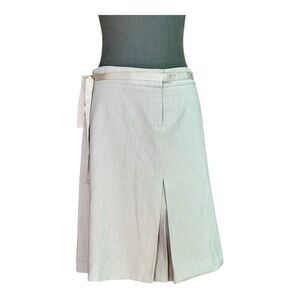 MANGO Light Gray A-Line Skirt Ribbon Belt Knee Length Women Size 8 Front Slit EX